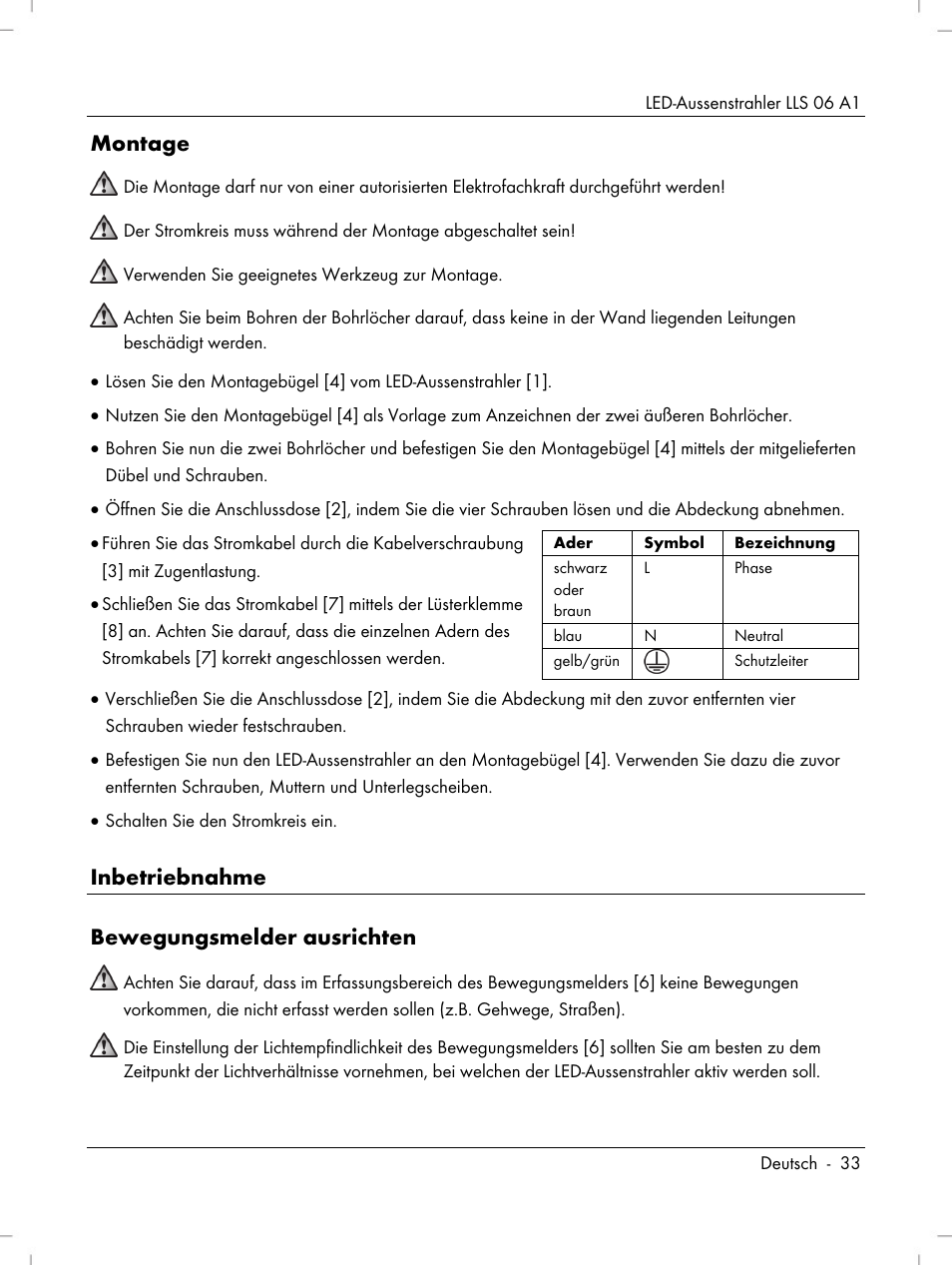 Montage, Inbetriebnahme bewegungsmelder ausrichten | Livarno LLS 06 A1 User Manual | Page 35 / 40