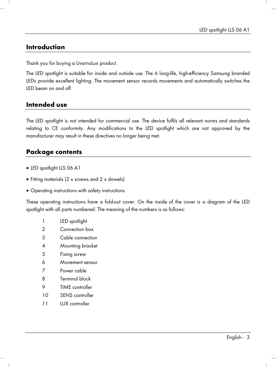 Introduction, Intended use, Package contents | Livarno LLS 06 A1 User Manual | Page 5 / 40