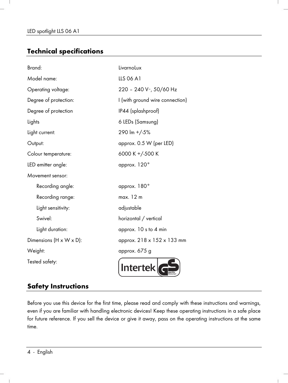 Technical specifications, Safety instructions | Livarno LLS 06 A1 User Manual | Page 6 / 40