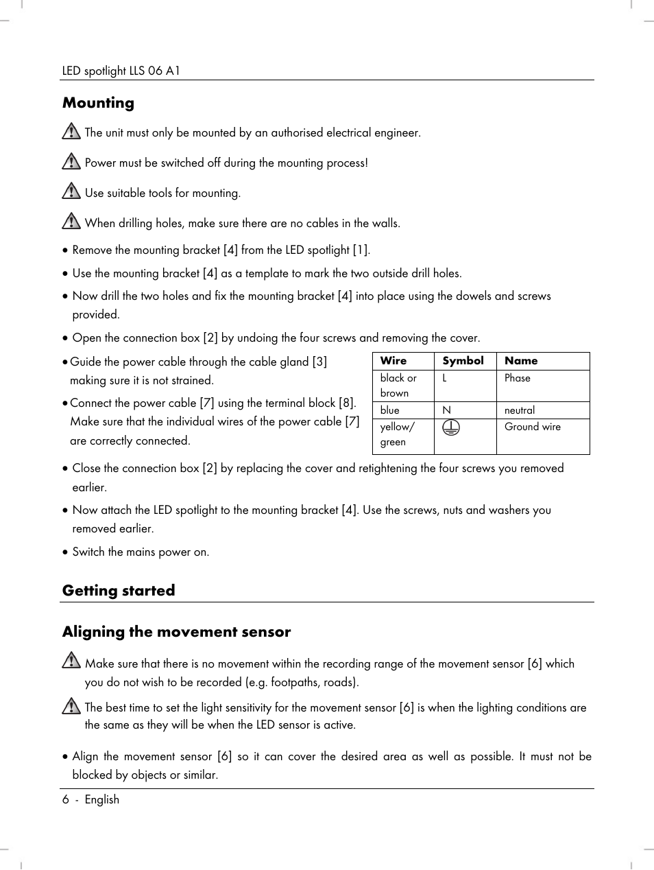 Mounting, Getting started aligning the movement sensor | Livarno LLS 06 A1 User Manual | Page 8 / 40