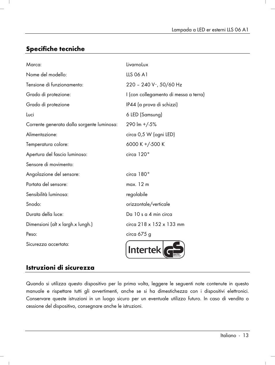 Specifiche tecniche, Istruzioni di sicurezza | Livarno LLS 06 A1 User Manual | Page 15 / 50