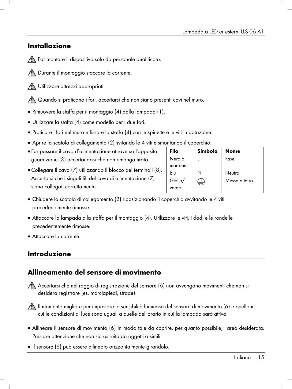 Installazione, Introduzione, Allineamento del sensore di movimento | Livarno LLS 06 A1 User Manual | Page 17 / 50