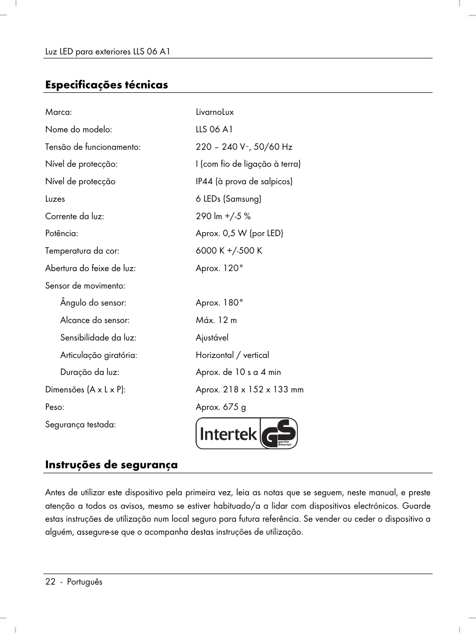 Especificações técnicas, Instruções de segurança | Livarno LLS 06 A1 User Manual | Page 24 / 50