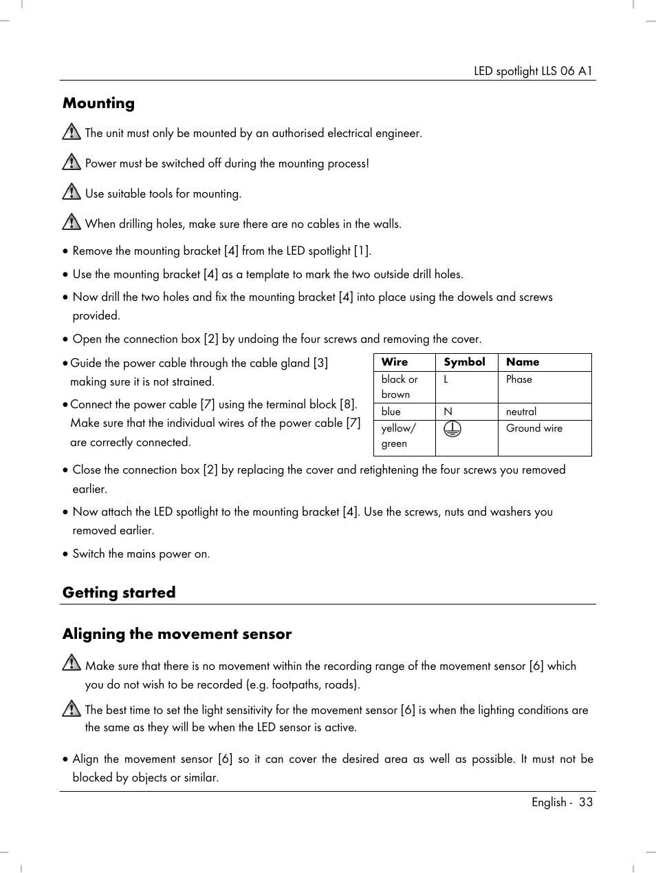 Mounting, Getting started aligning the movement sensor | Livarno LLS 06 A1 User Manual | Page 35 / 50