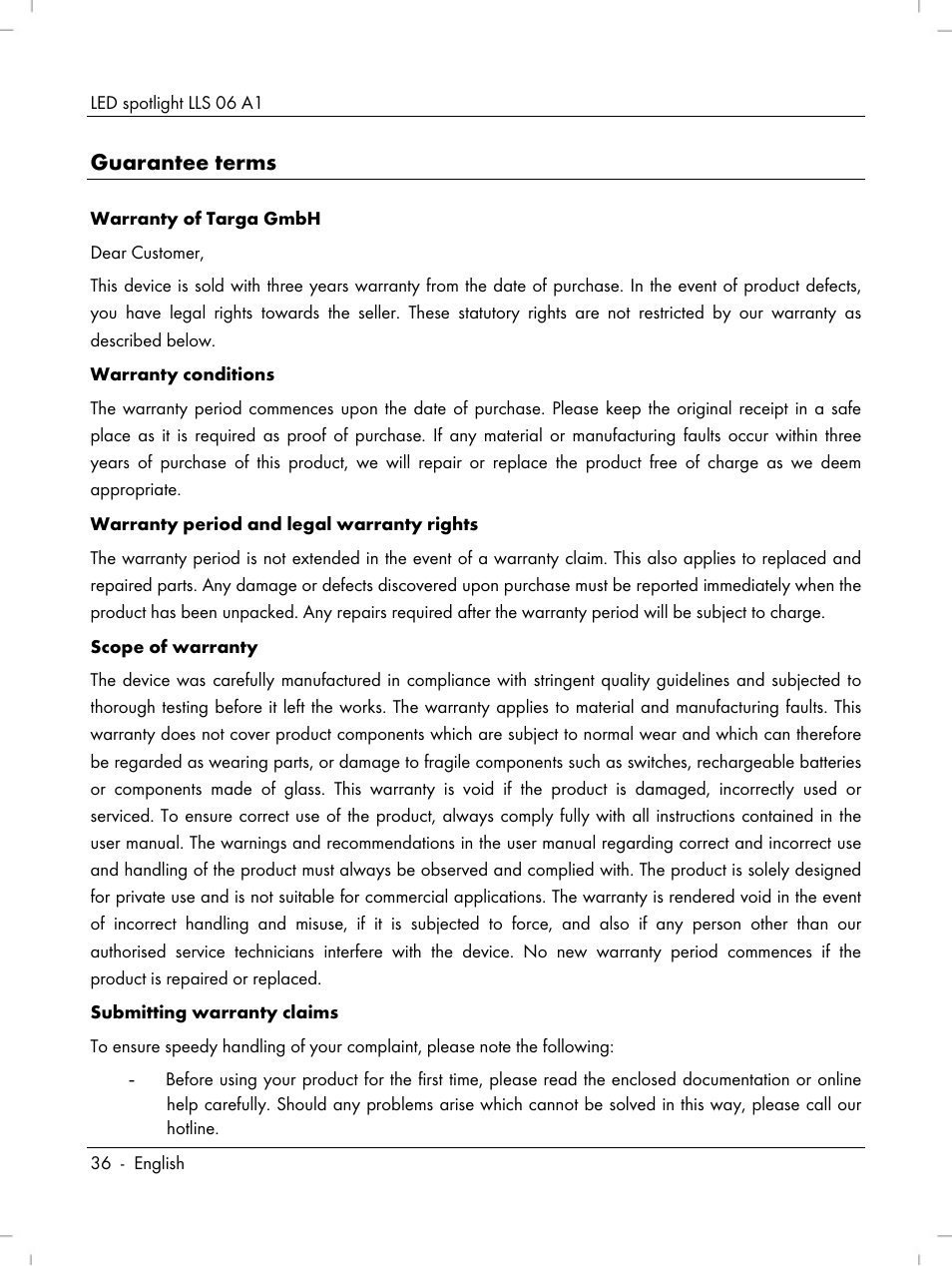 Guarantee terms | Livarno LLS 06 A1 User Manual | Page 38 / 50