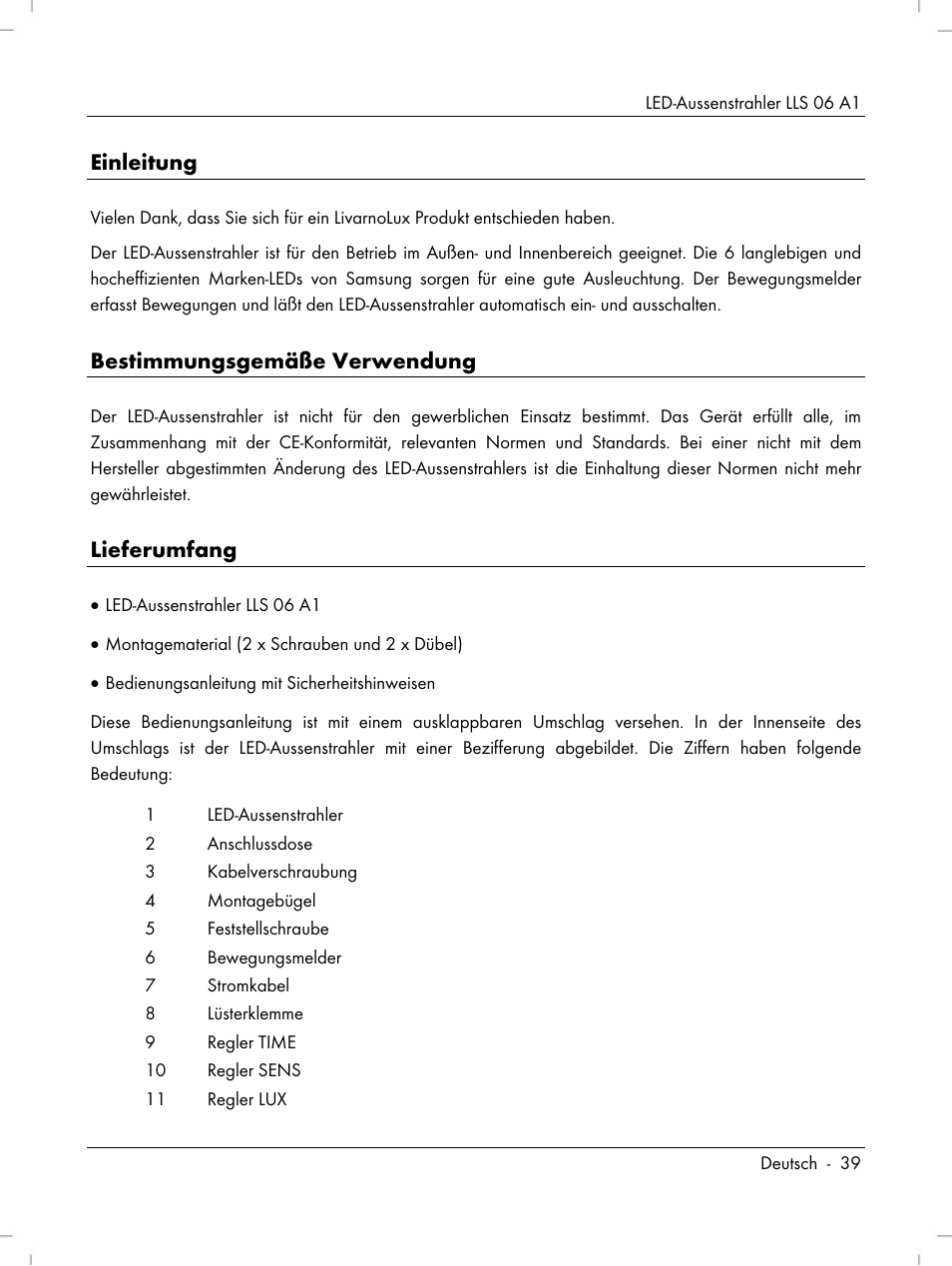 Einleitung, Bestimmungsgemäße verwendung, Lieferumfang | Livarno LLS 06 A1 User Manual | Page 41 / 50