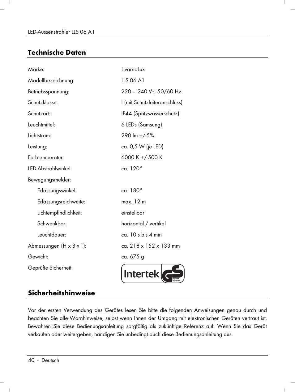 Technische daten, Sicherheitshinweise | Livarno LLS 06 A1 User Manual | Page 42 / 50