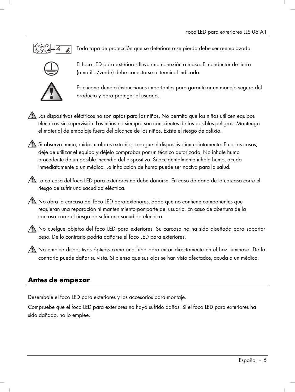 Antes de empezar | Livarno LLS 06 A1 User Manual | Page 7 / 50