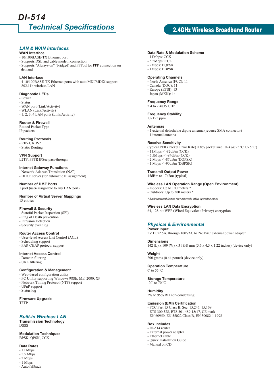 Di-514, Technical specifications, 4ghz wireless broadband router | Lan & wan interfaces built-in wireless lan, Physical & environmental | D-Link AIR DI-514 User Manual | Page 2 / 4