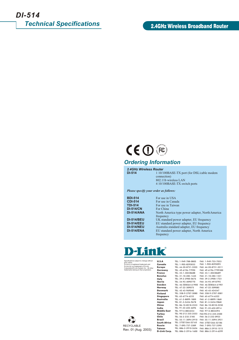 Di-514, Technical specifications, 4ghz wireless broadband router | Ordering information | D-Link AIR DI-514 User Manual | Page 3 / 4