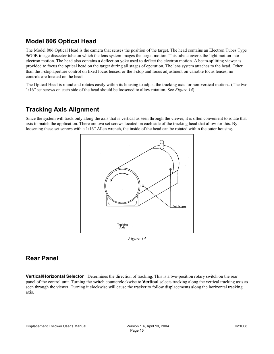 Model 806 optical head, Tracking axis alignment, Rear panel | Diversified Ceramics DISPLACEMENT FOLLOWER 5100 User Manual | Page 17 / 28