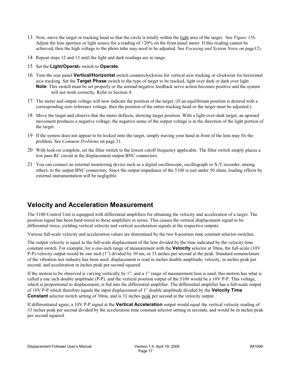 Velocity and acceleration measurement | Diversified Ceramics DISPLACEMENT FOLLOWER 5100 User Manual | Page 19 / 28