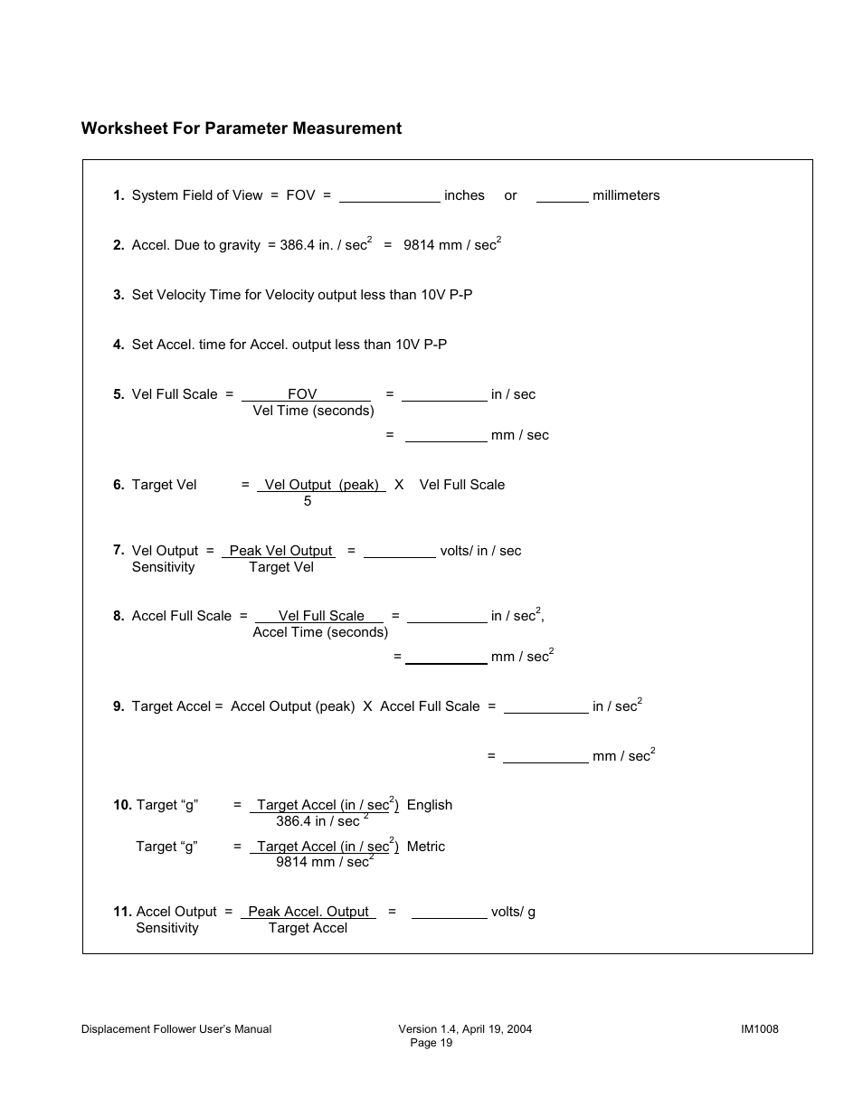 Worksheet for parameter measurement | Diversified Ceramics DISPLACEMENT FOLLOWER 5100 User Manual | Page 21 / 28