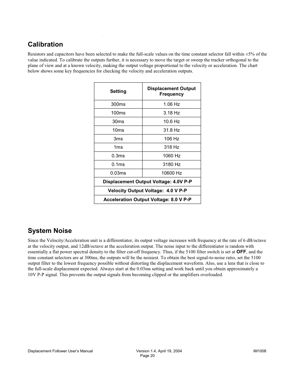Calibration, System noise | Diversified Ceramics DISPLACEMENT FOLLOWER 5100 User Manual | Page 22 / 28