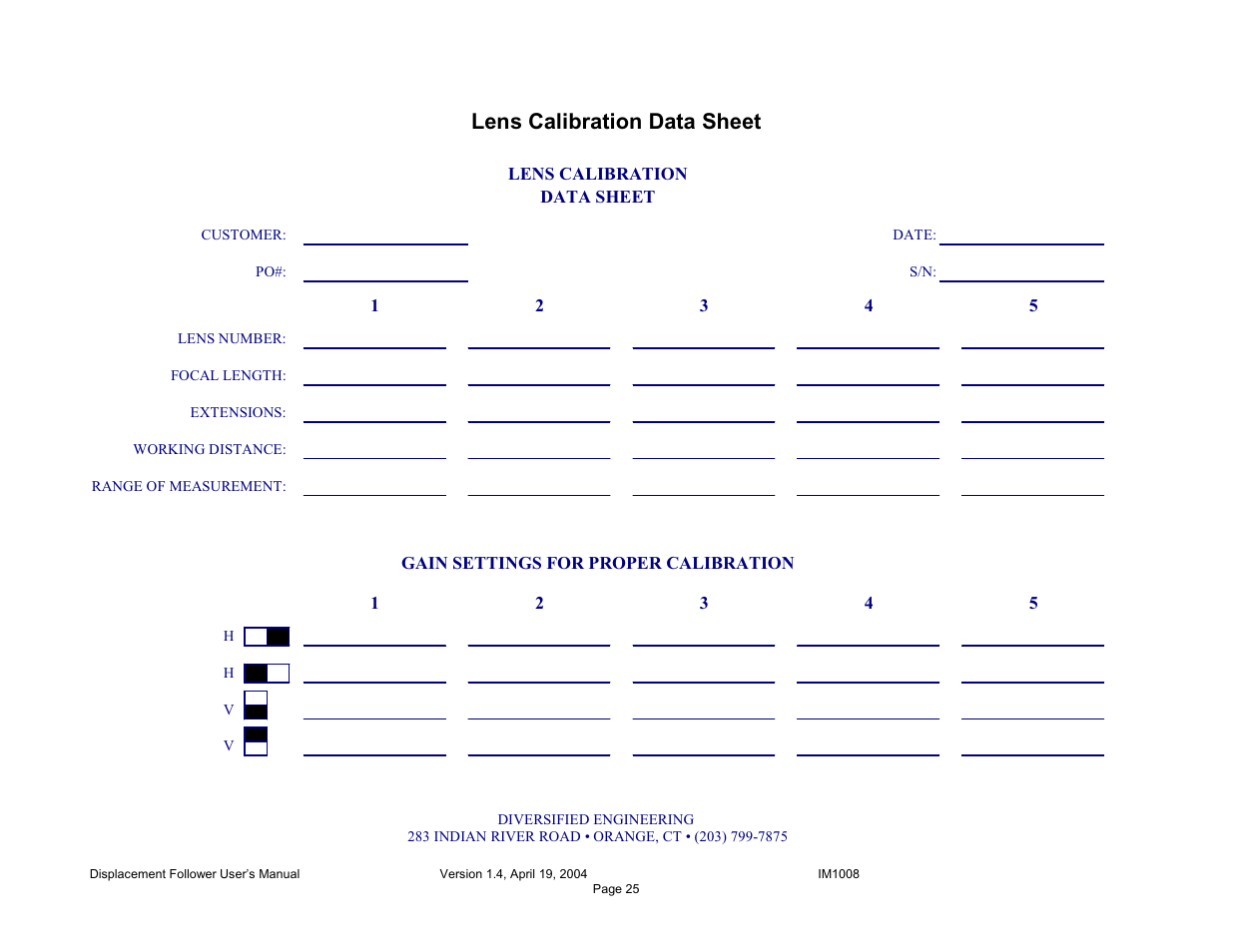 Lens calibration data sheet | Diversified Ceramics DISPLACEMENT FOLLOWER 5100 User Manual | Page 27 / 28