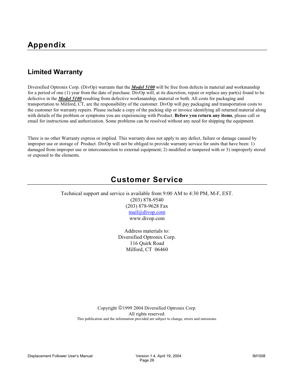 Appendix, Customer service, Limited warranty | Diversified Ceramics DISPLACEMENT FOLLOWER 5100 User Manual | Page 28 / 28