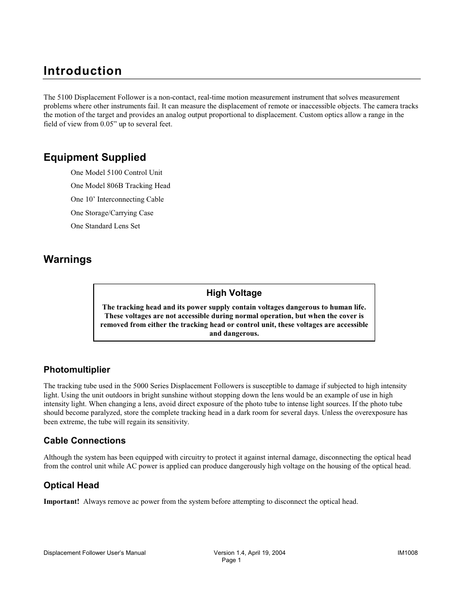 Introduction, Equipment supplied, Warnings | Diversified Ceramics DISPLACEMENT FOLLOWER 5100 User Manual | Page 3 / 28
