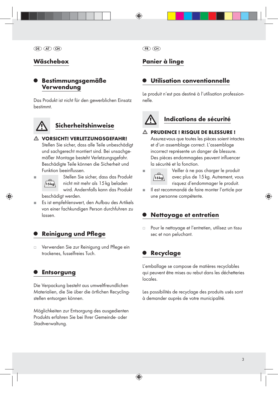 Wäschebox, Bestimmungsgemäße verwendung, Sicherheitshinweise | Reinigung und pﬂege, Entsorgung, Panier à linge, Utilisation conventionnelle, Indications de sécurité, Nettoyage et entretien, Recyclage | Livarno Z30337 User Manual | Page 3 / 9