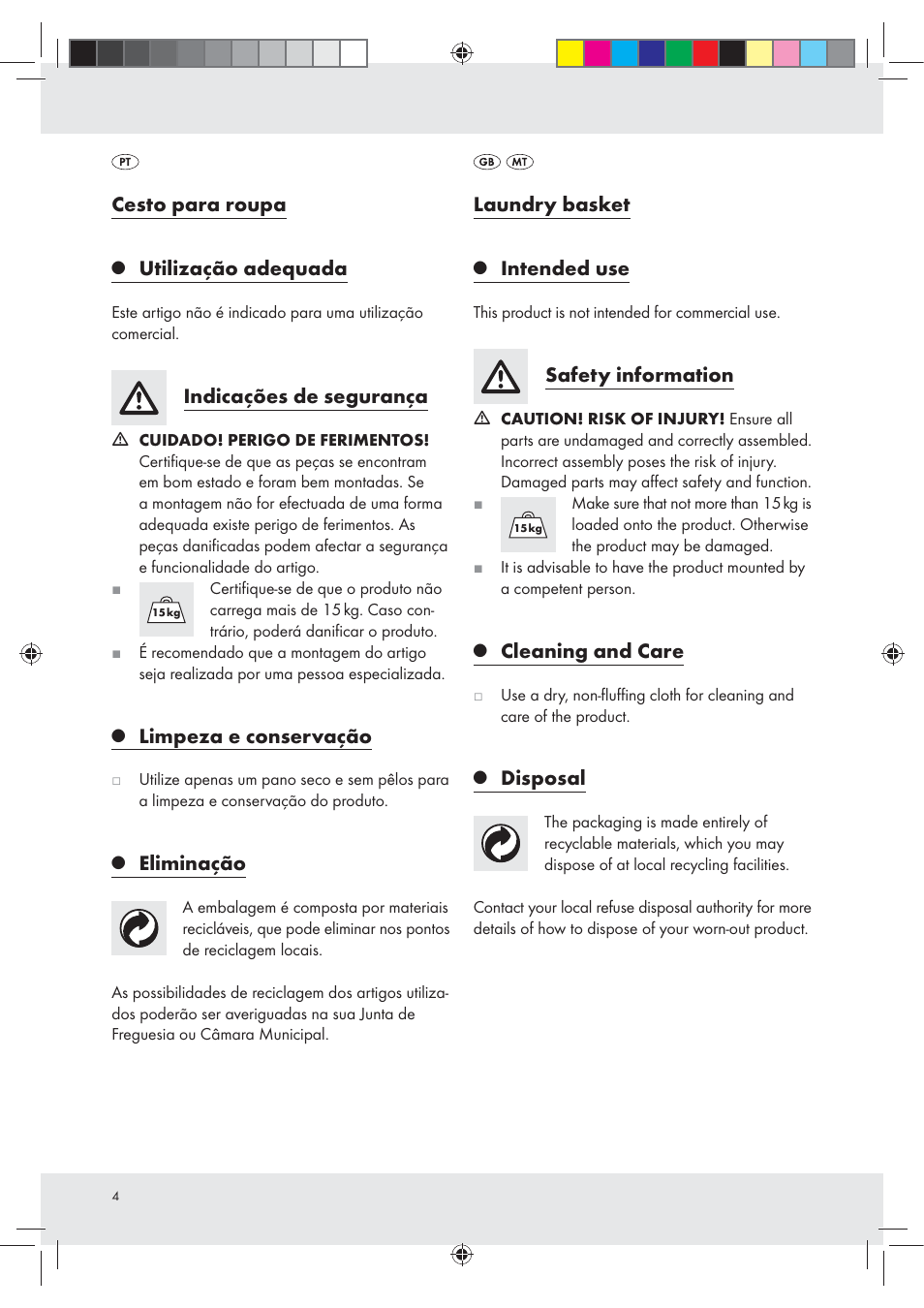 Cesto para roupa, Utilização adequada, Indicações de segurança | Limpeza e conservação, Eliminação, Laundry basket, Intended use, Safety information, Cleaning and care, Disposal | Livarno Z30337 User Manual | Page 4 / 10