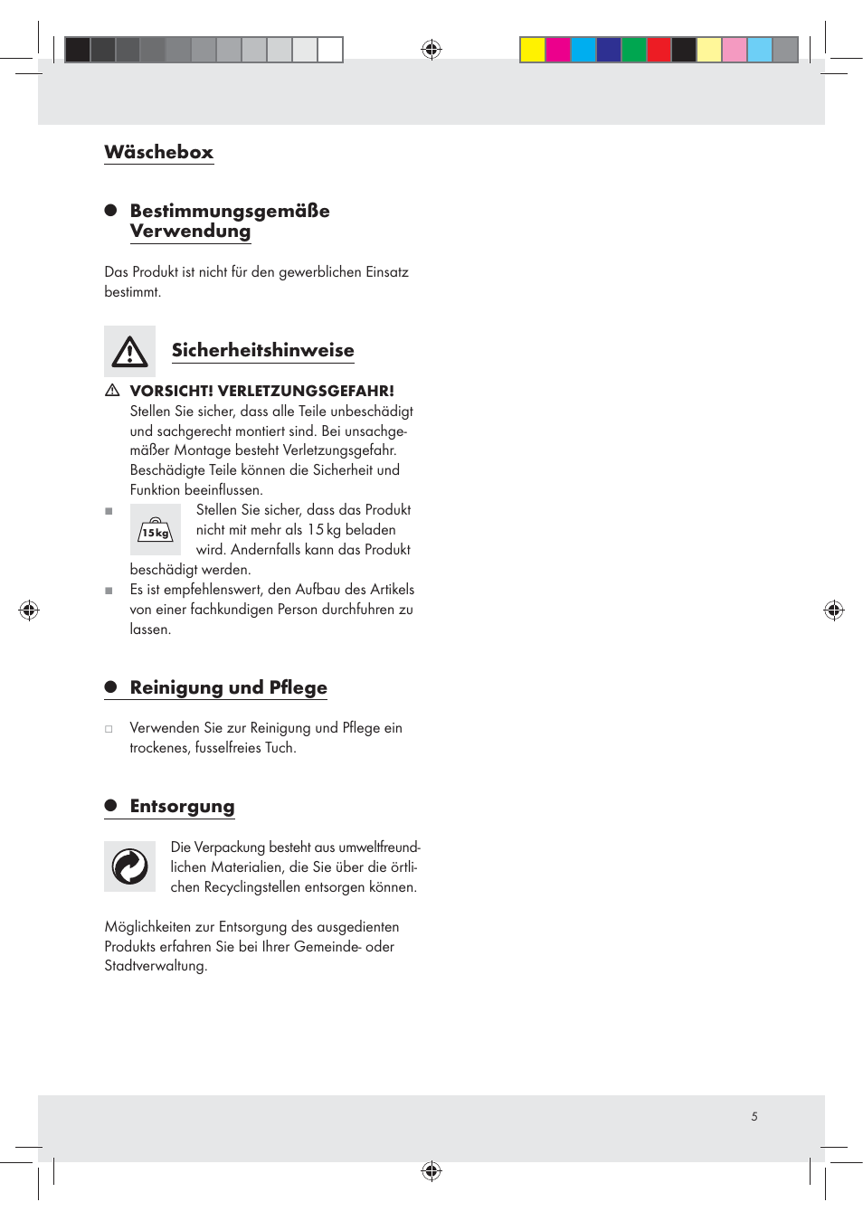 Wäschebox, Bestimmungsgemäße verwendung, Sicherheitshinweise | Reinigung und pﬂege, Entsorgung | Livarno Z30337 User Manual | Page 5 / 10