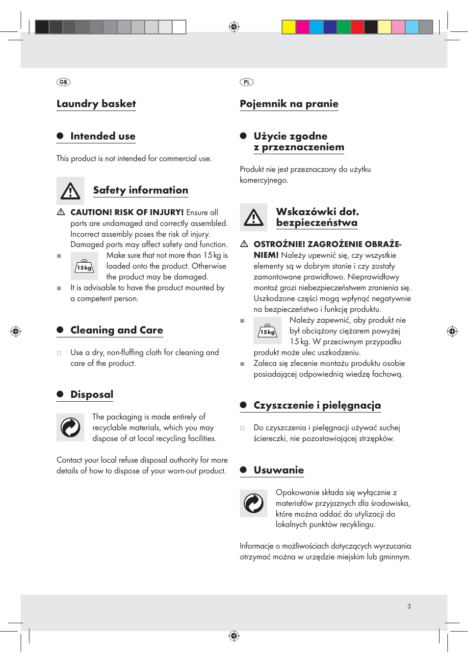 Laundry basket, Intended use, Safety information | Cleaning and care, Disposal, Pojemnik na pranie, Użycie zgodne z przeznaczeniem, Wskazówki dot. bezpieczeństwa, Czyszczenie i pielęgnacja, Usuwanie | Livarno Z30337 User Manual | Page 3 / 11