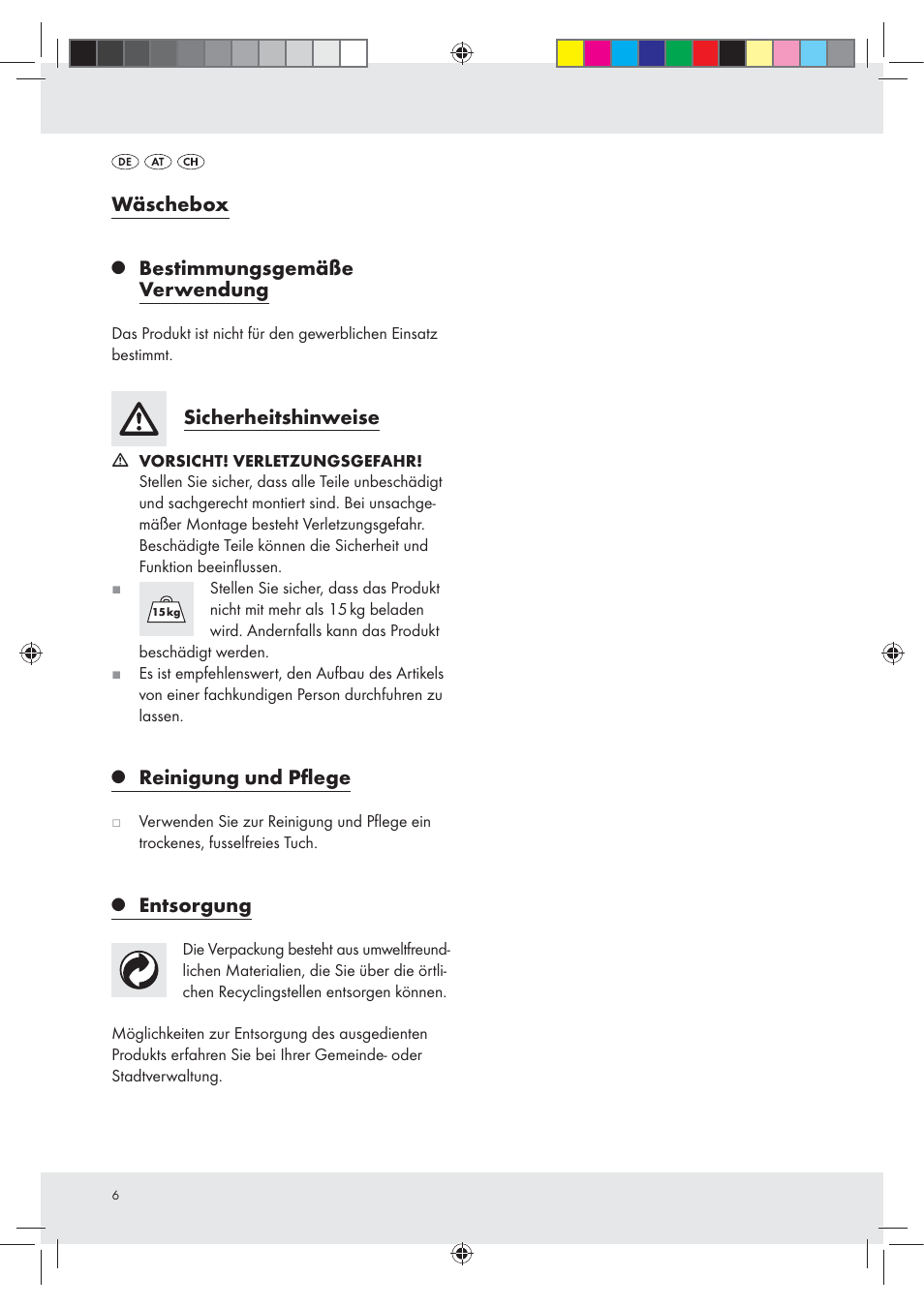 Wäschebox, Bestimmungsgemäße verwendung, Sicherheitshinweise | Reinigung und pﬂege, Entsorgung | Livarno Z30337 User Manual | Page 6 / 11