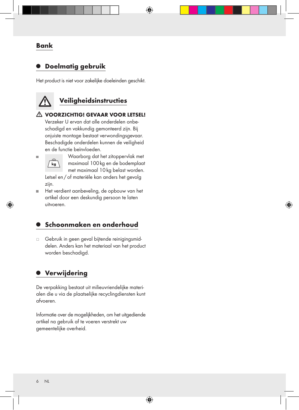 Bank, Doelmatig gebruik, Veiligheidsinstructies | Schoonmaken en onderhoud, Verwijdering | Livarno Z30355 User Manual | Page 6 / 9