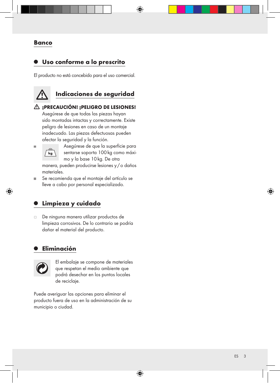 Banco, Uso conforme a lo prescrito, Indicaciones de seguridad | Limpieza y cuidado, Eliminación | Livarno Z30355 User Manual | Page 3 / 10