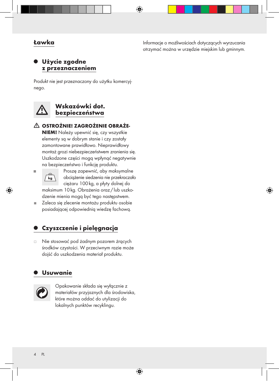 Ławka, Użycie zgodne z przeznaczeniem, Wskazówki dot. bezpieczeństwa | Czyszczenie i pielęgnacja, Usuwanie | Livarno Z30355 User Manual | Page 4 / 12