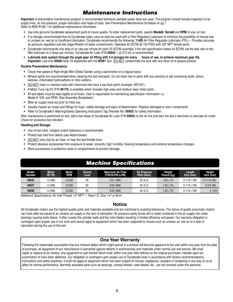 Maintenance instructions, Machine specifications, Notice | One year warranty | Dynabrade PD0502 User Manual | Page 3 / 8