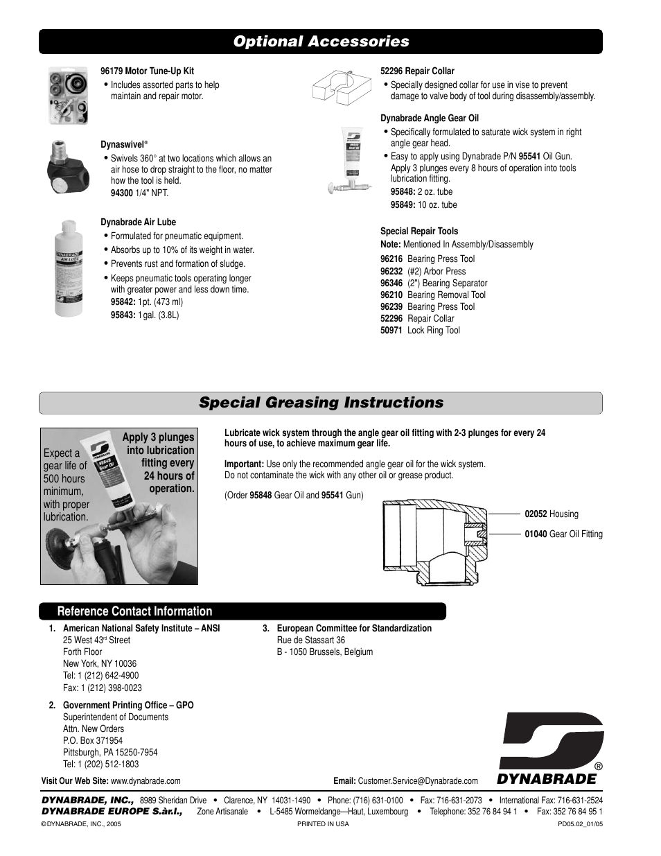 Optional accessories special greasing instructions, Dynabrade, Reference contact information | Dynabrade PD0502 User Manual | Page 8 / 8