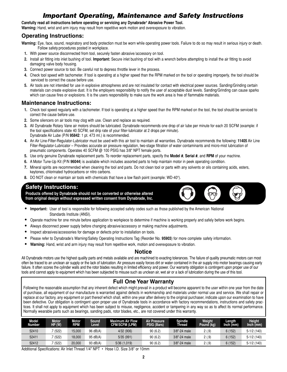 Full one year warranty, Operating instructions, Maintenance instructions | Notice, Safety instructions | Dynabrade 52410 15000 RPM User Manual | Page 2 / 4