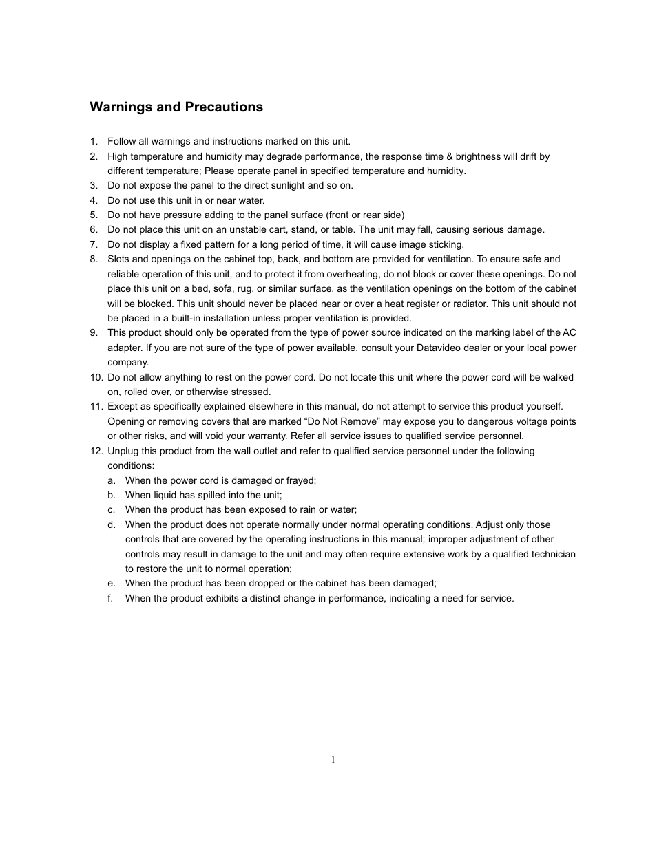 Warnings and precautions | Datavideo TLM-70D User Manual | Page 2 / 11