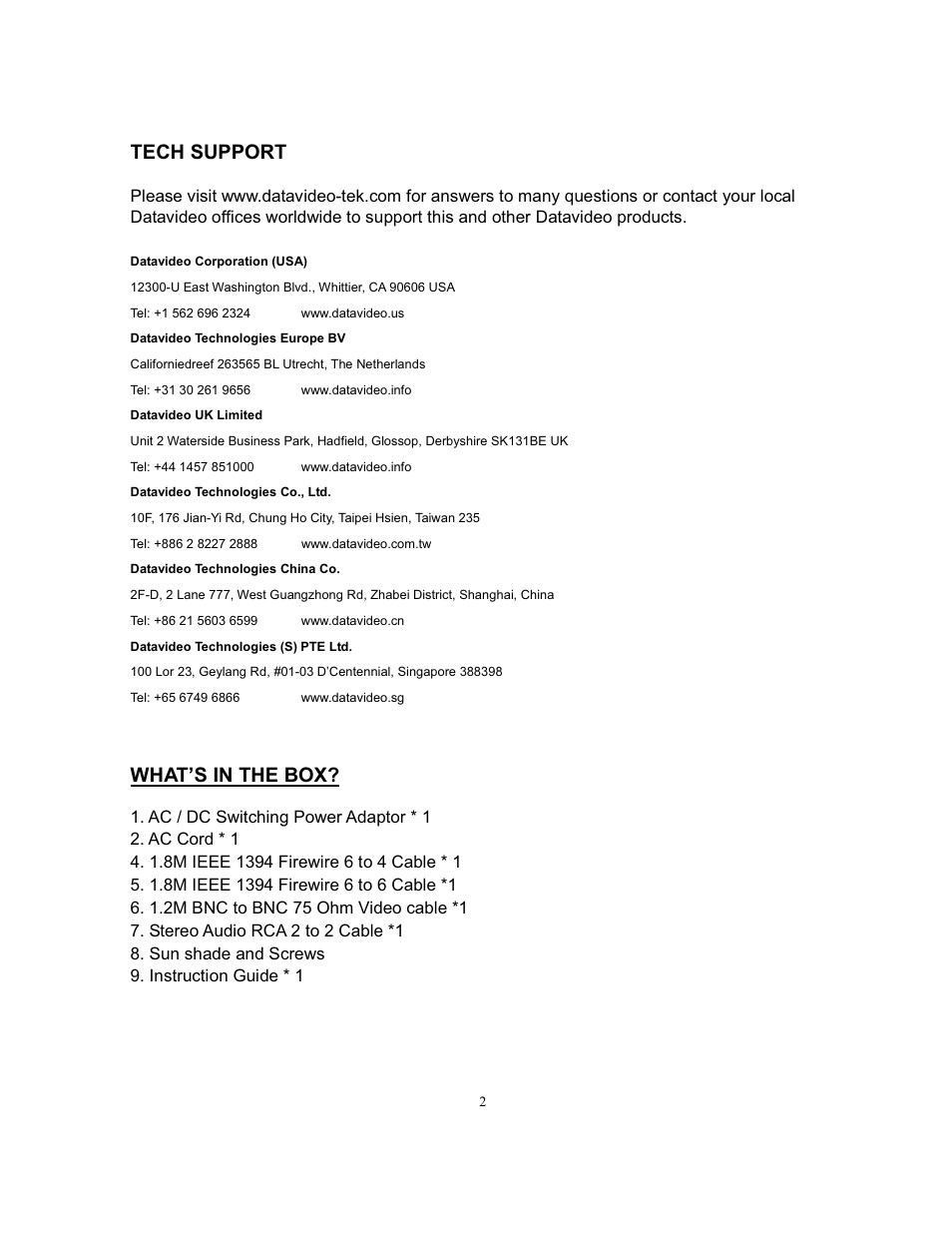 Tech support, What’s in the box | Datavideo TLM-70D User Manual | Page 3 / 11
