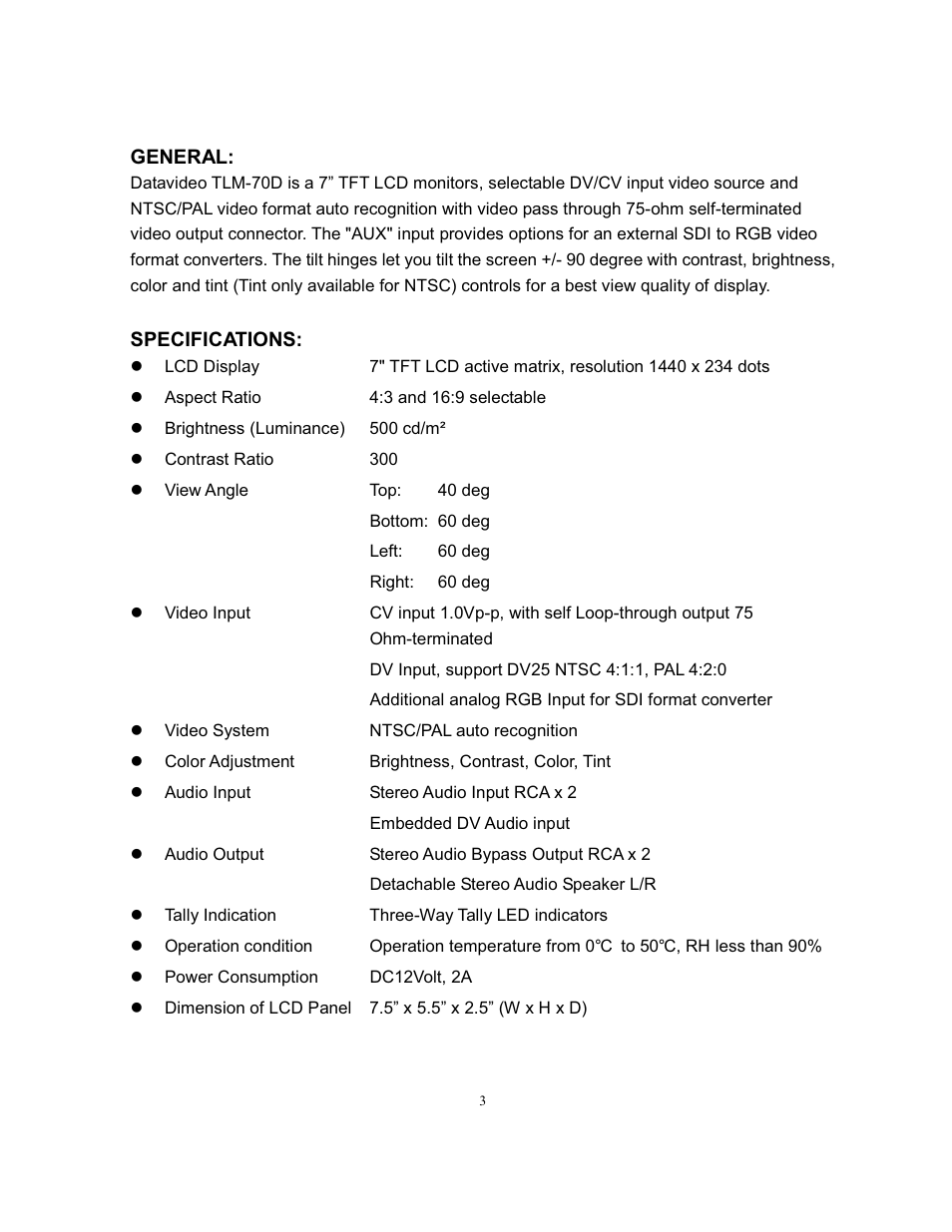 Datavideo TLM-70D User Manual | Page 4 / 11