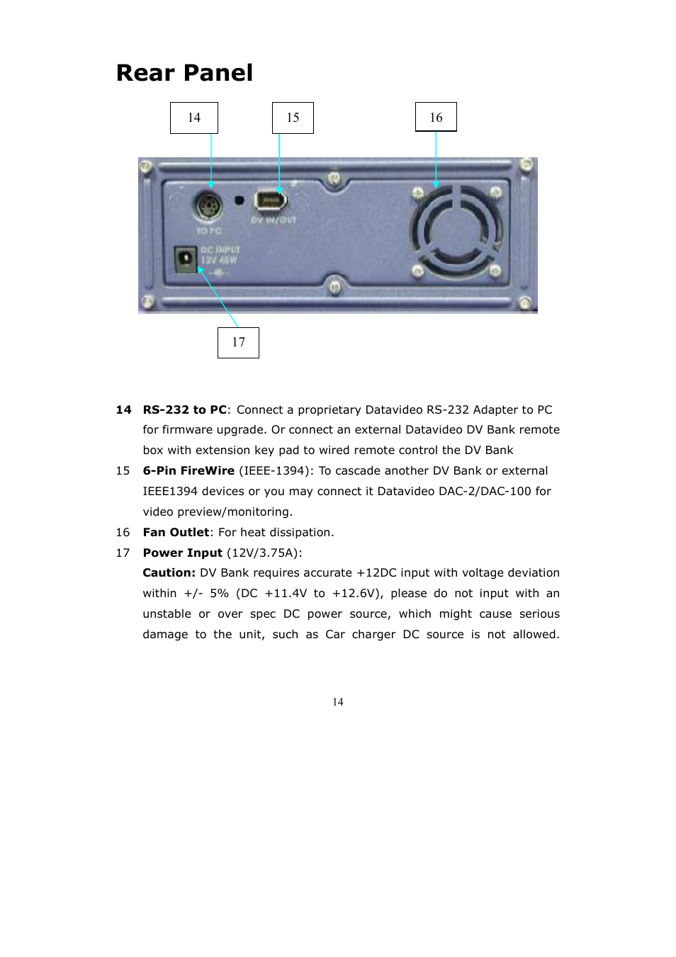 Rear panel | Datavideo DV Bank User Manual | Page 15 / 28