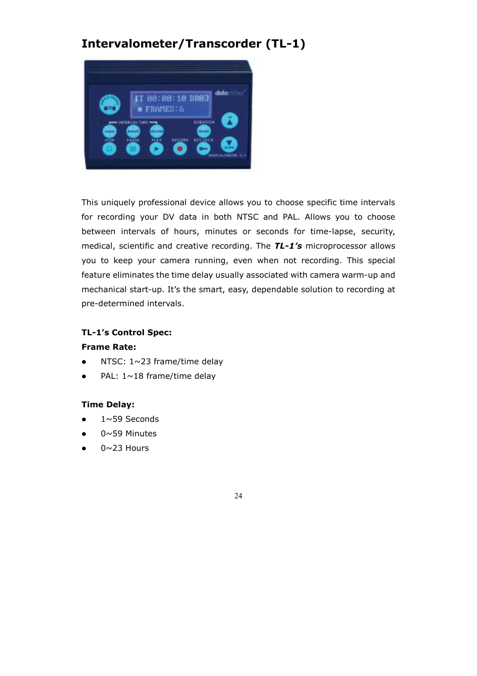 Intervalometer/transcorder (tl-1) | Datavideo DV Bank User Manual | Page 25 / 28