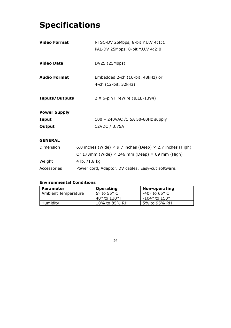 Specifications | Datavideo DV Bank User Manual | Page 27 / 28