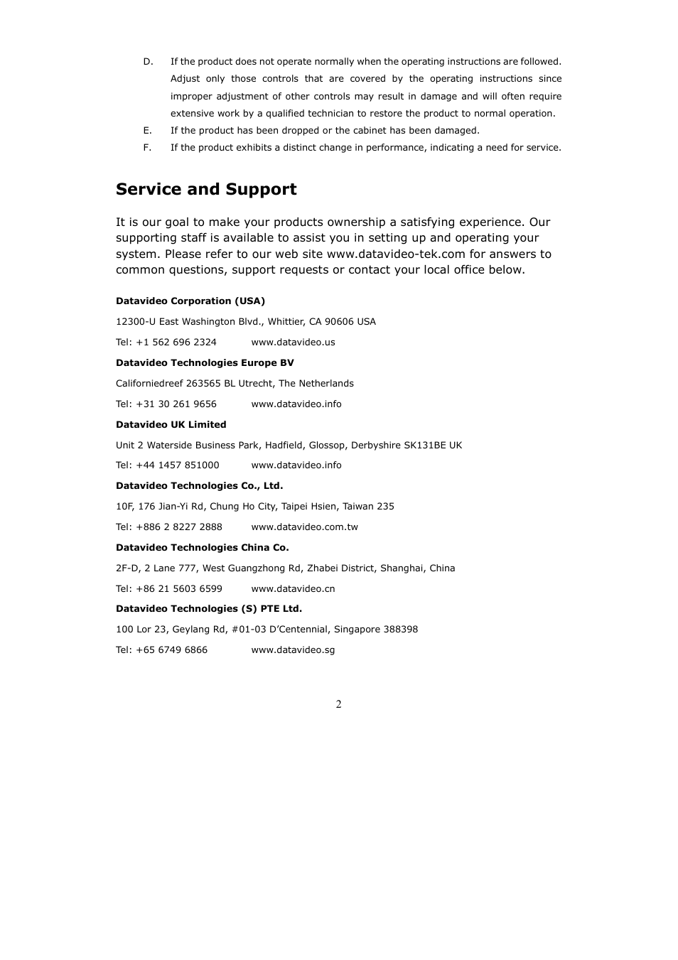 Service and support | Datavideo DV Bank User Manual | Page 3 / 28