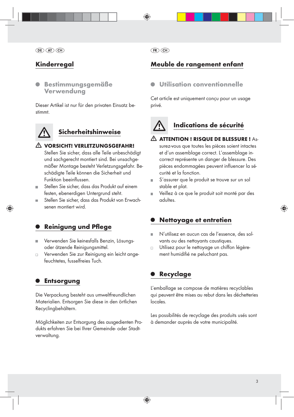 Kinderregal, Bestimmungsgemäße verwendung, Sicherheitshinweise | Reinigung und pﬂege, Entsorgung, Meuble de rangement enfant, Utilisation conventionnelle, Indications de sécurité, Nettoyage et entretien, Recyclage | Livarno Z31195 User Manual | Page 3 / 7