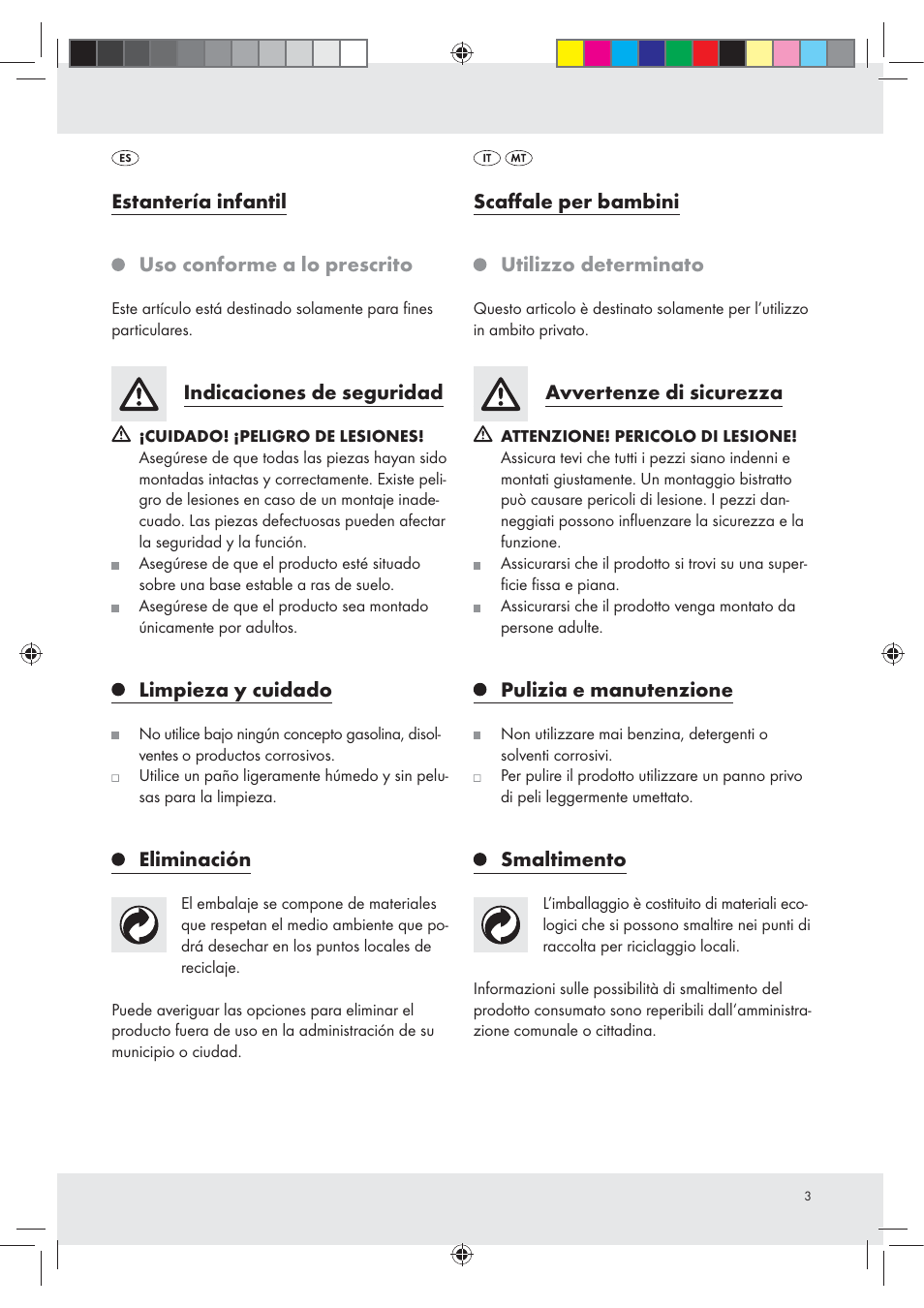 Estantería infantil, Uso conforme a lo prescrito, Indicaciones de seguridad | Limpieza y cuidado, Eliminación, Scaﬀale per bambini, Utilizzo determinato, Avvertenze di sicurezza, Pulizia e manutenzione, Smaltimento | Livarno Z31195 User Manual | Page 3 / 8