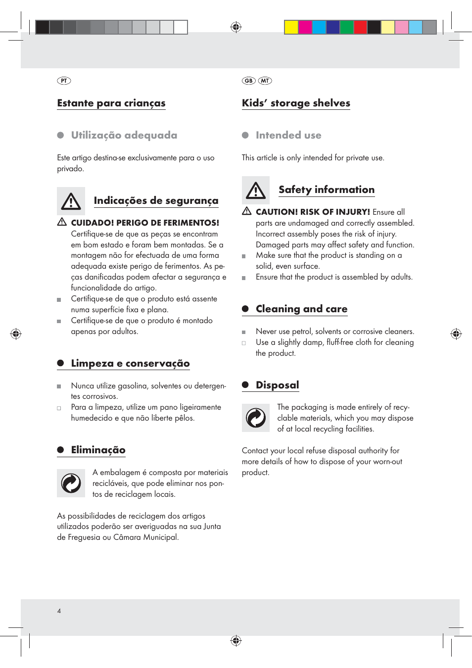 Estante para crianças, Utilização adequada, Indicações de segurança | Limpeza e conservação, Eliminação, Kids’ storage shelves, Intended use, Safety information, Cleaning and care, Disposal | Livarno Z31195 User Manual | Page 4 / 8