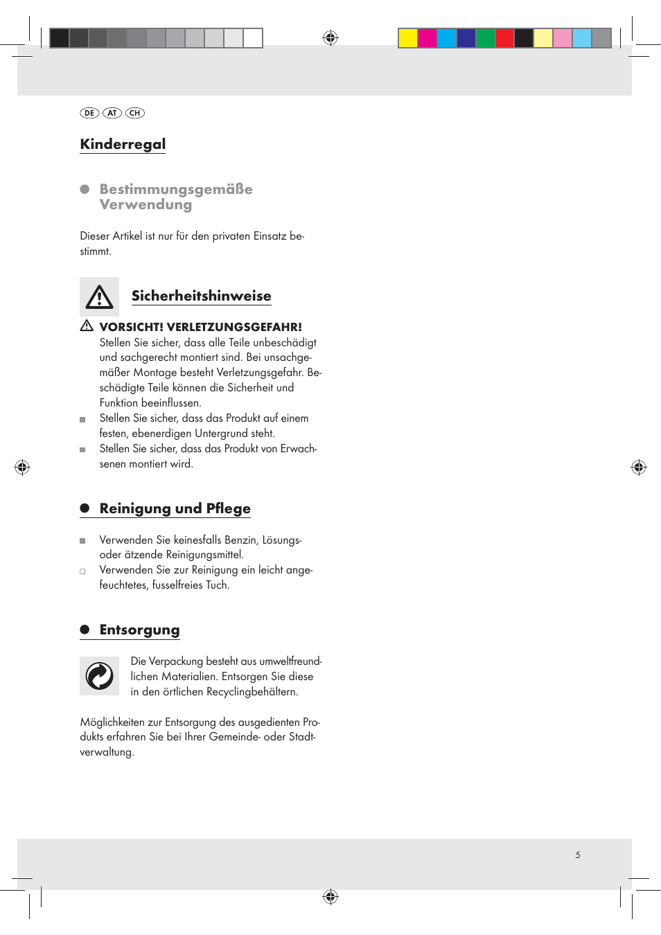 Kinderregal, Bestimmungsgemäße verwendung, Sicherheitshinweise | Reinigung und pﬂege, Entsorgung | Livarno Z31195 User Manual | Page 5 / 8