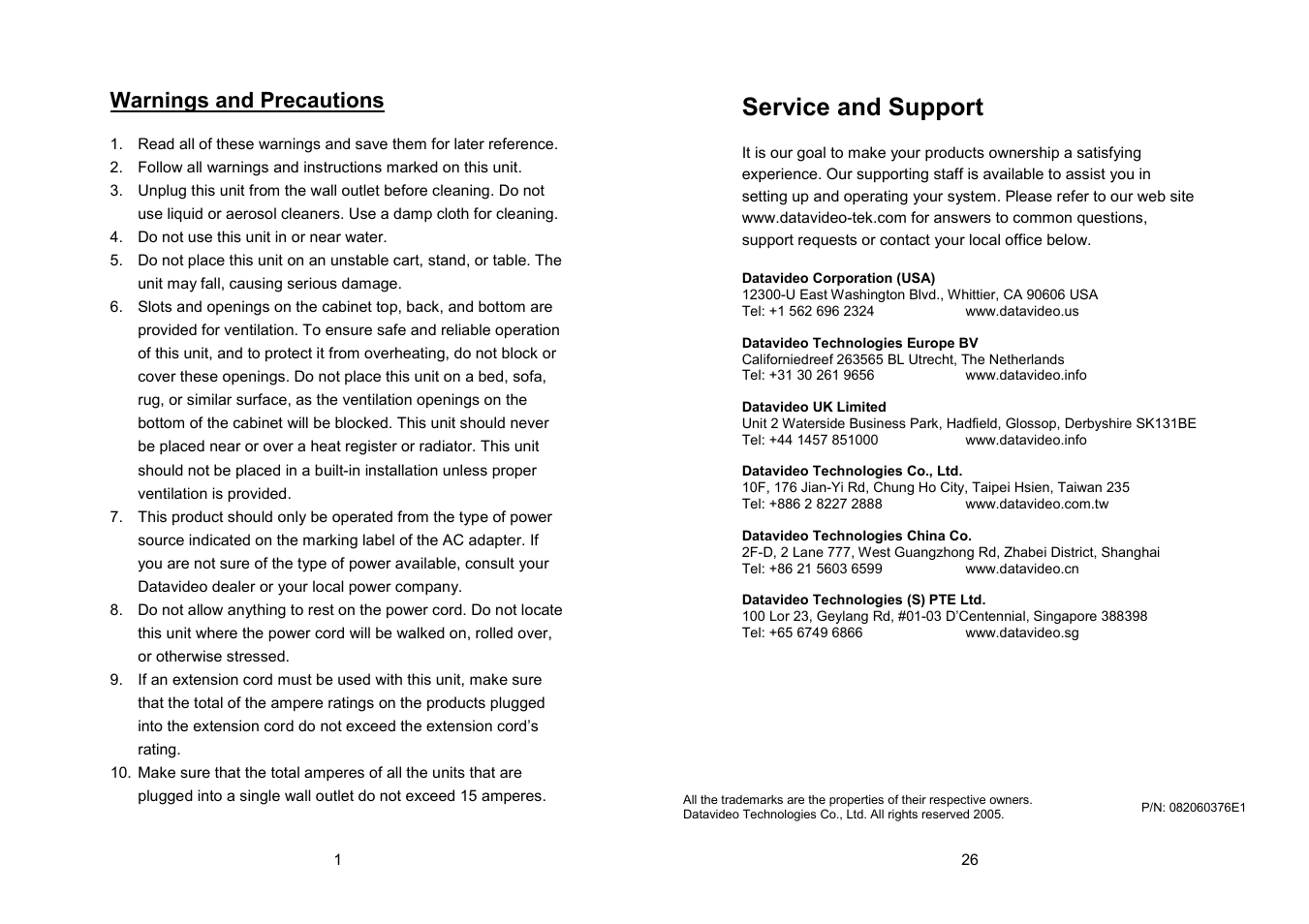 Service and support, Warnings and precautions | Datavideo RMC-120 User Manual | Page 2 / 14