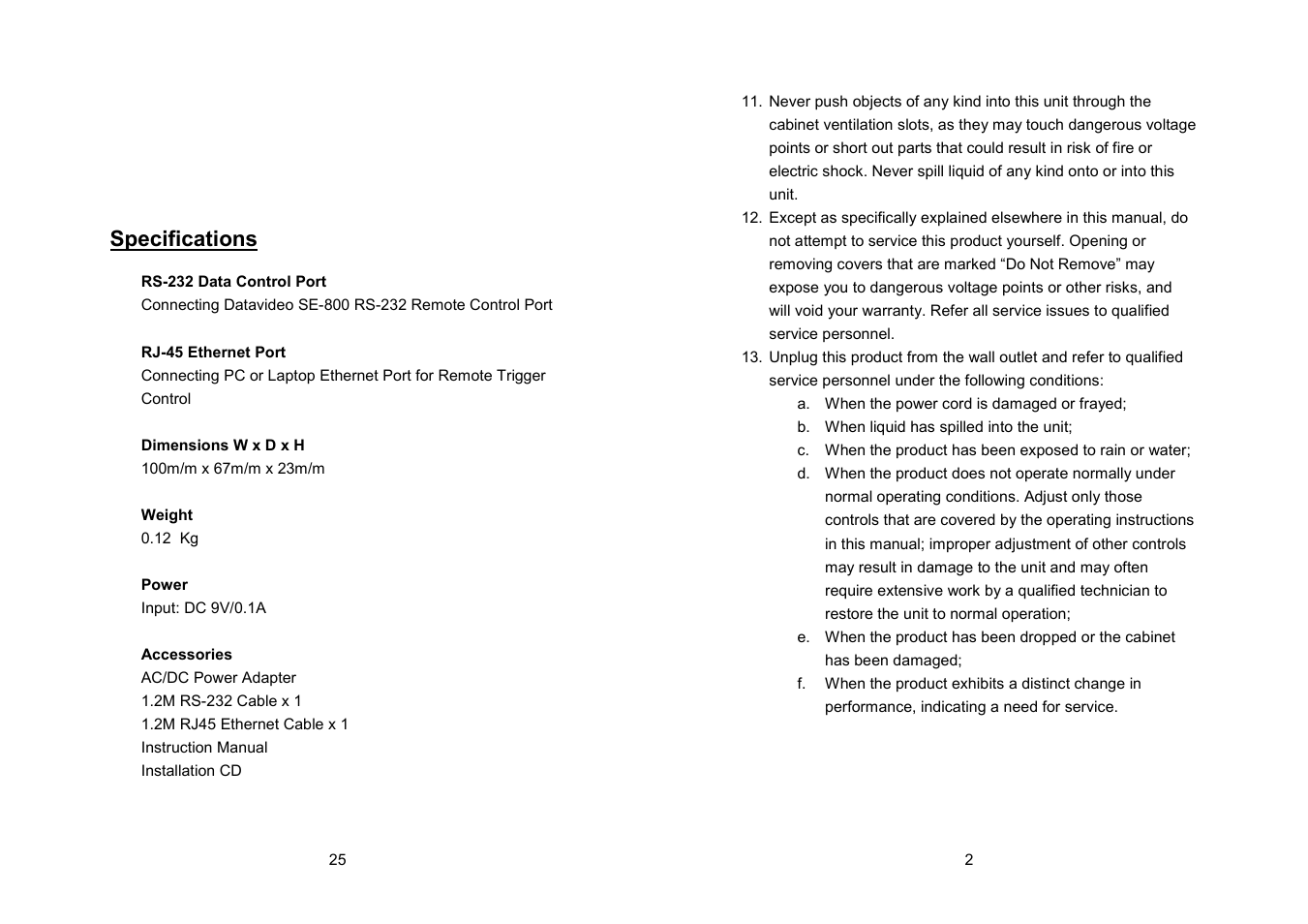 Specifications | Datavideo RMC-120 User Manual | Page 3 / 14