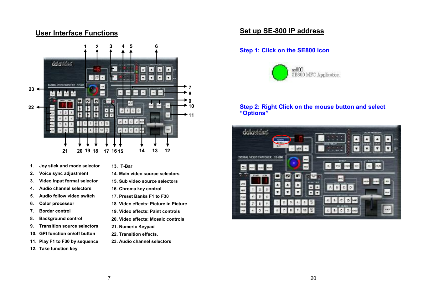 User interface functions, Set up se-800 ip address | Datavideo RMC-120 User Manual | Page 8 / 14