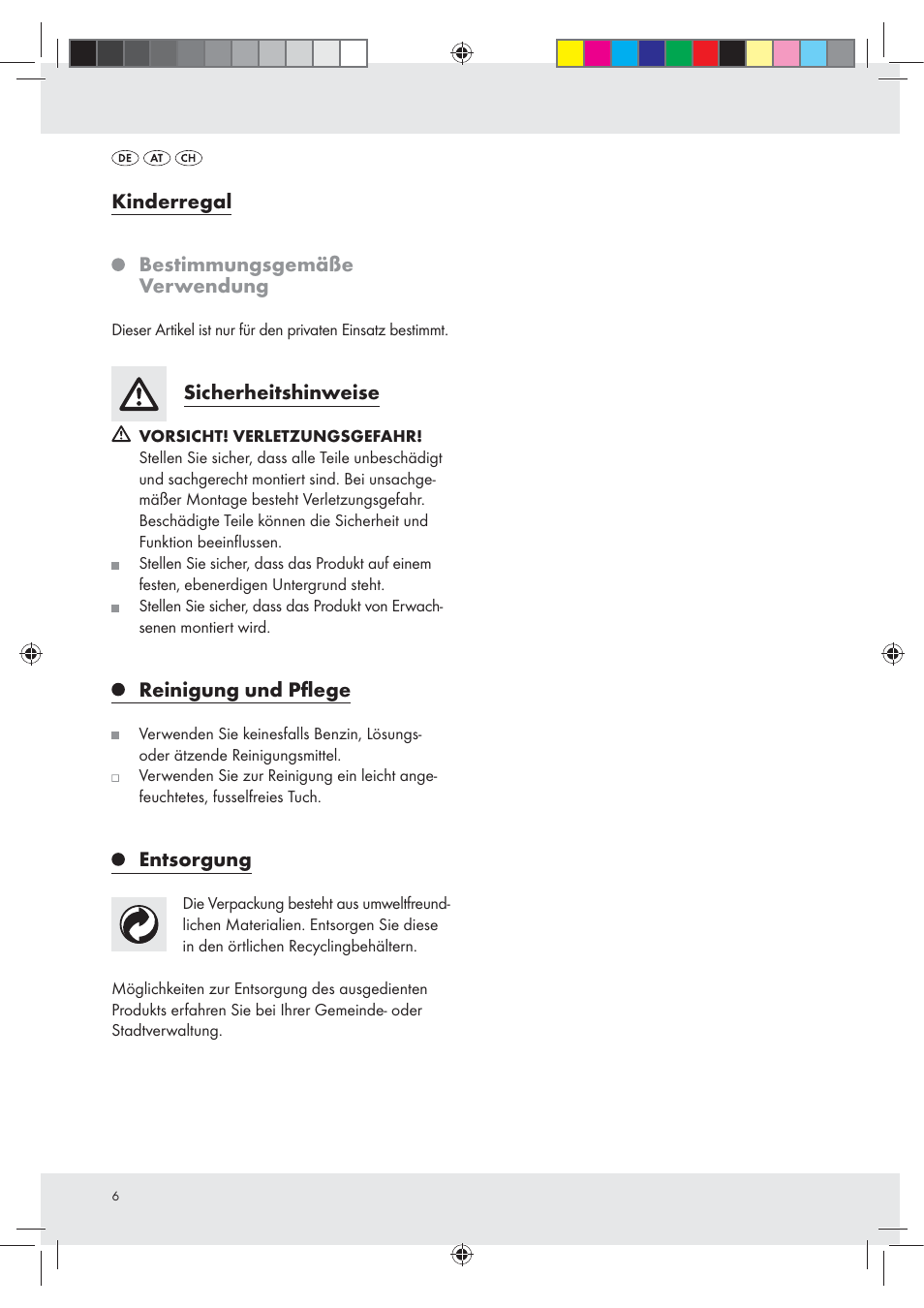 Kinderregal, Bestimmungsgemäße verwendung, Sicherheitshinweise | Reinigung und pﬂege, Entsorgung | Livarno Z31195 User Manual | Page 6 / 9