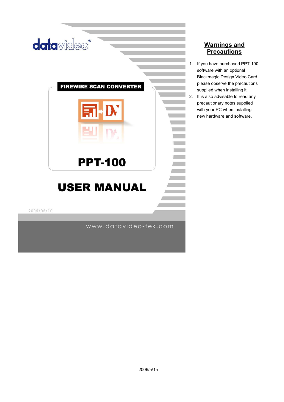 Datavideo PPT-100 User Manual | 15 pages