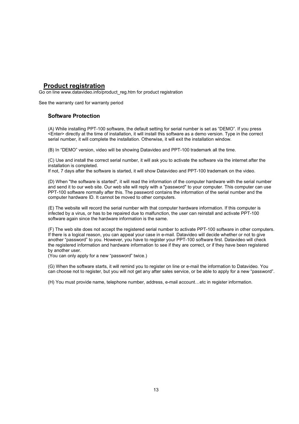 Product registration | Datavideo PPT-100 User Manual | Page 14 / 15