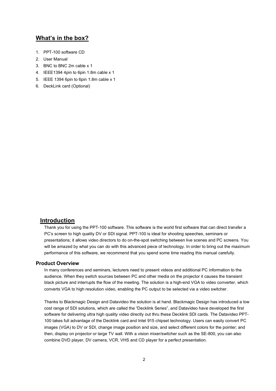 What’s in the box, Introduction | Datavideo PPT-100 User Manual | Page 3 / 15